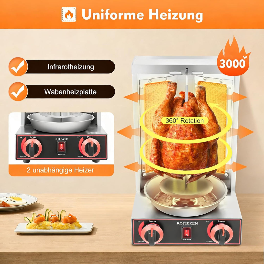 3000W Professionelle Gas-Schawarma-Grillmaschine Edelstahl Vertikalgrill mit 2 Keramikbrennern & 360