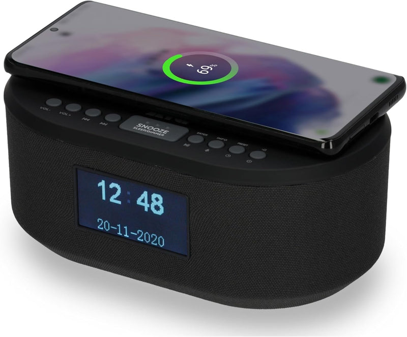 AIC Radiowecker DAB mit Ladefunktion Bluetooth QI Funktion USB Dual Alarm 18DAB schwarz