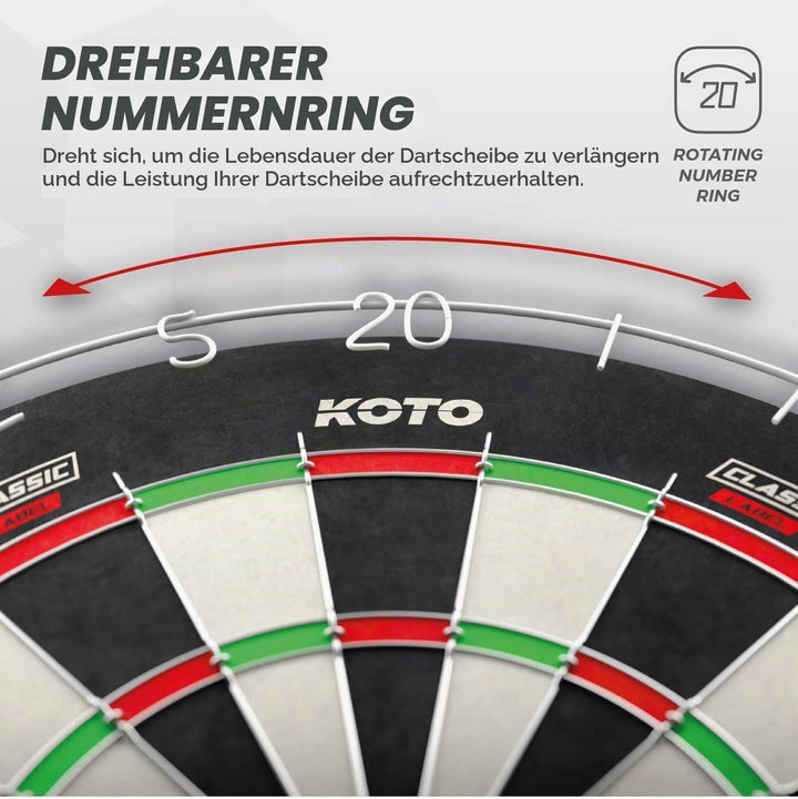 KOTO - Dartscheibe, Silber Rotierender Zahlenring, Offizielle Turniermasse mit Hochwertiges Sisal un