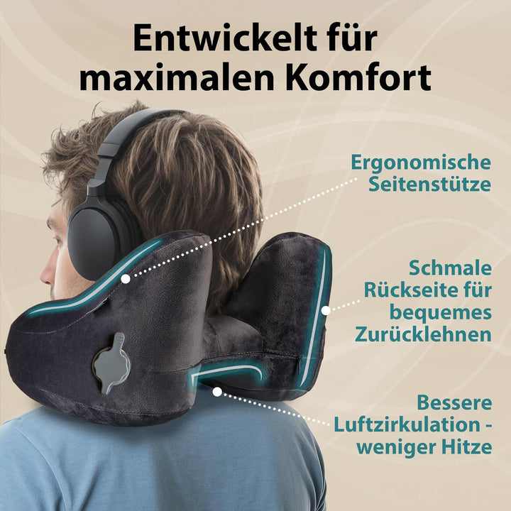 FLOWZOOM AIR Nackenkissen aufblasbar mit Kapuze - Reisekissen - Schnell aufblasbares Reise - Flugzeu