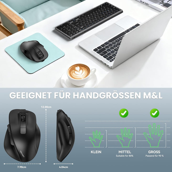 TECKNET Maus Kabellos, Bluetooth Maus Aufladbar mit 3 Gerät (2*Bluetooth+USB), 4800DPI, 6 Tasten, Si