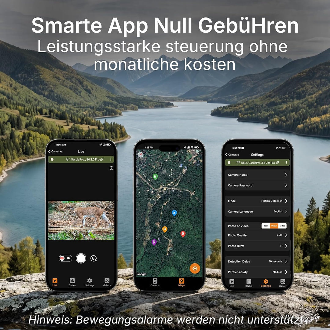 GardePro E6 2.0 Pro Wildkamera WLAN, Wiederaufladbare 8000mAh Akku mit 64GB SD Karte, 64MP 1296P, Wi