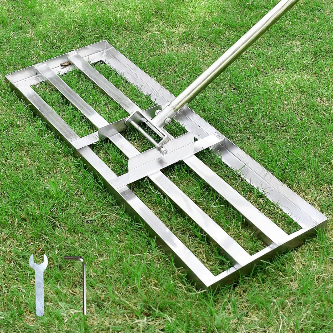 Rasen Rakel Edelstahl 72x25 cm Rakel Rasen nivellierrechen mit 2.15 Meter Verstellbarer Stiel für Ho