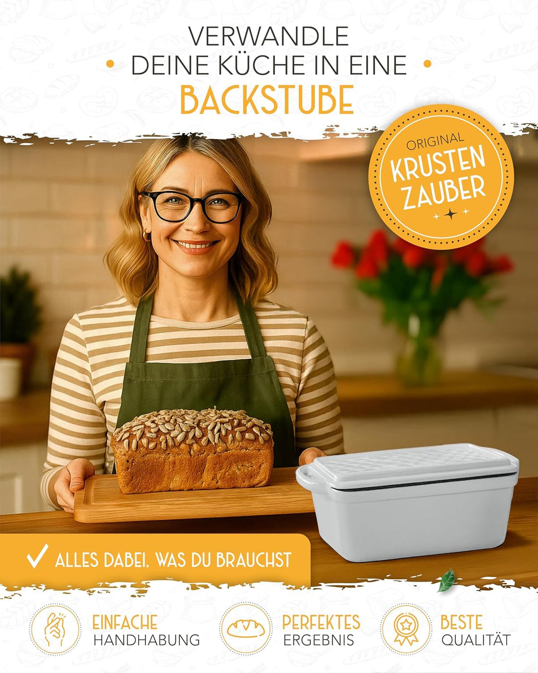 KRUSTENZAUBER Brotbackform mit Deckel emailliert im XXL-Komplettset - Robuste 28 cm Gusseisen Brotba