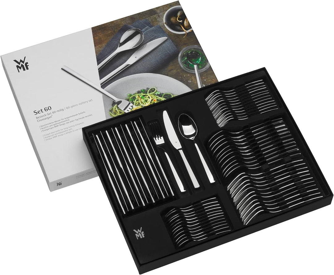 WMF Silk Besteck Set 12 Personen, Essbesteck 60 teilig, Monobloc-Messer, Cromargan Edelstahl mattier