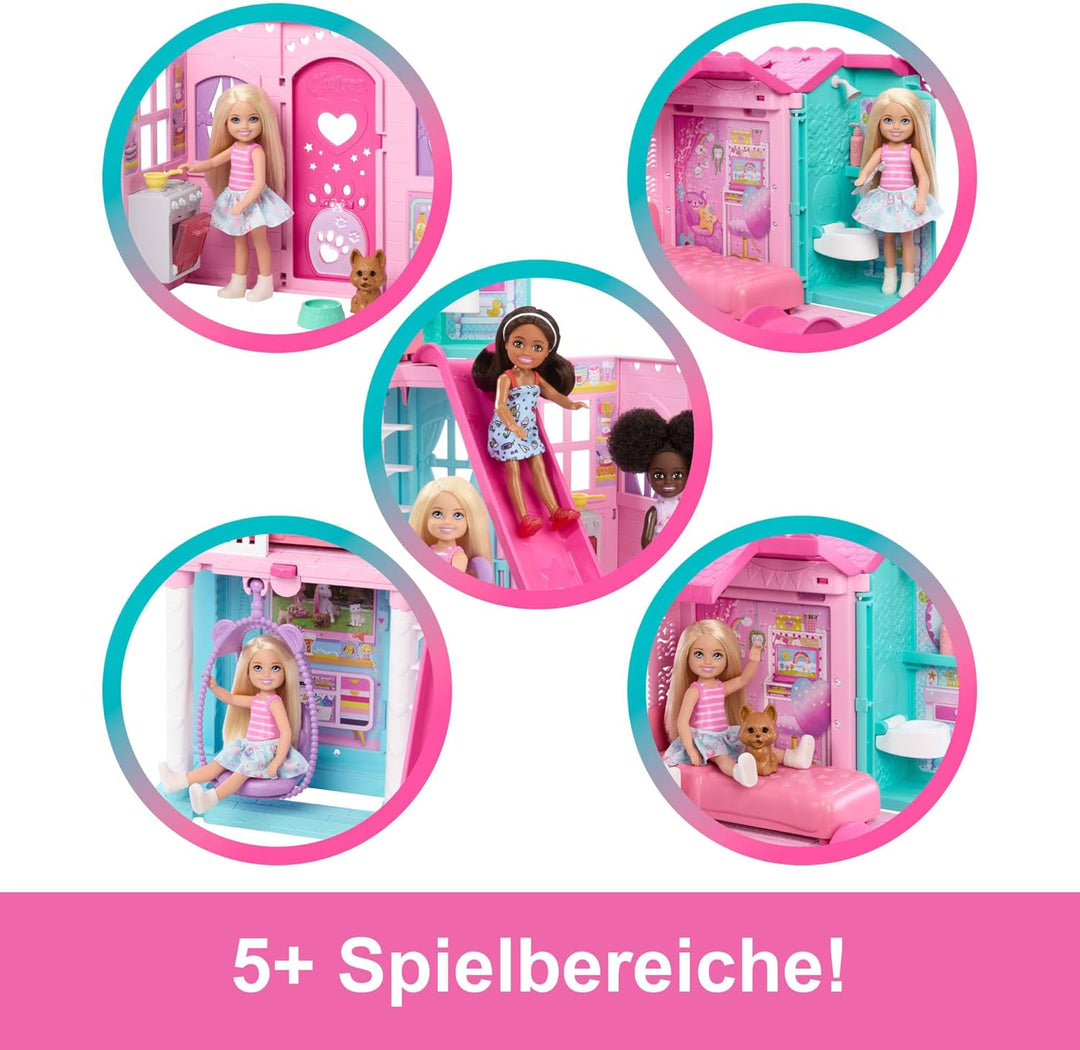 Barbie Chelsea Spielzeug-Puppenhaus mit über 15 Accessoires, das Pop-up-Haus erweitert Sich auf über