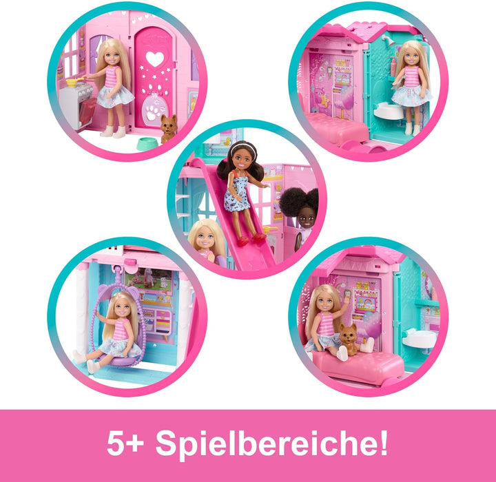 Barbie Chelsea Spielzeug-Puppenhaus mit über 15 Accessoires, das Pop-up-Haus erweitert Sich auf über