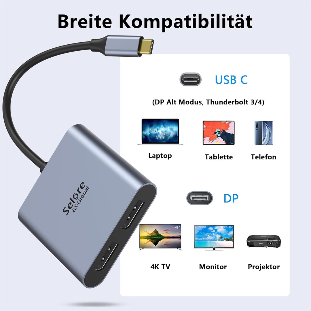 Selore&S-Global USB C zu Dual DP Adapter, USB C auf DisplayPort 1.4 Adapter Auflösungen bis zu 4K@12