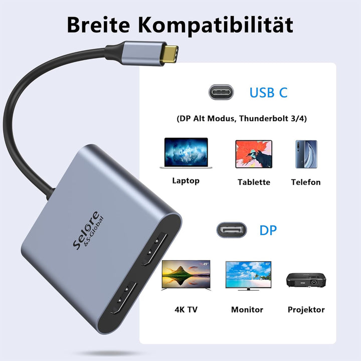 Selore&S-Global USB C zu Dual DP Adapter, USB C auf DisplayPort 1.4 Adapter Auflösungen bis zu 4K@12