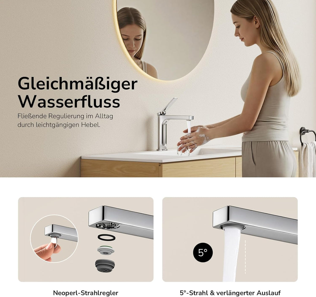 EMKE Wasserhahn Bad Chrom, waschtischarmatur, 4MS Messing, Wasserhahn Bad mit Auslauf Höhe 125mm, Mi