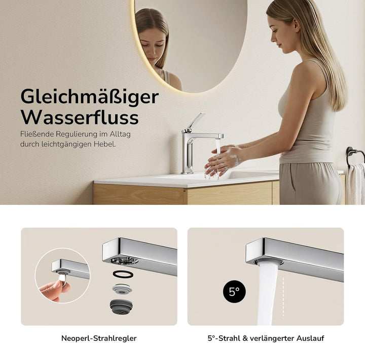 EMKE Wasserhahn Bad Chrom, waschtischarmatur, 4MS Messing, Wasserhahn Bad mit Auslauf Höhe 125mm, Mi