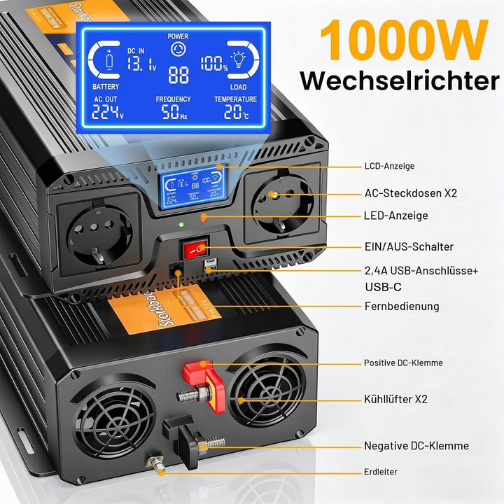 1000W Wechselrichter 12v auf 230v Reiner Sinus Spannungswandler Power Inverter KFZ Konverter mit LCD