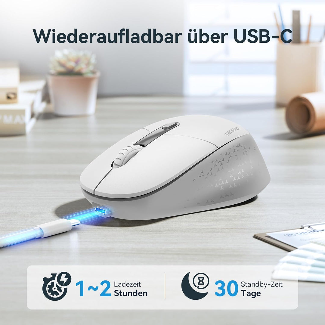 TECKNET Classic Kabellose Maus, Silent Bluetooth Maus (Tri-Modus BT5.2/3.0+2.4G), Wiederaufladbar Er