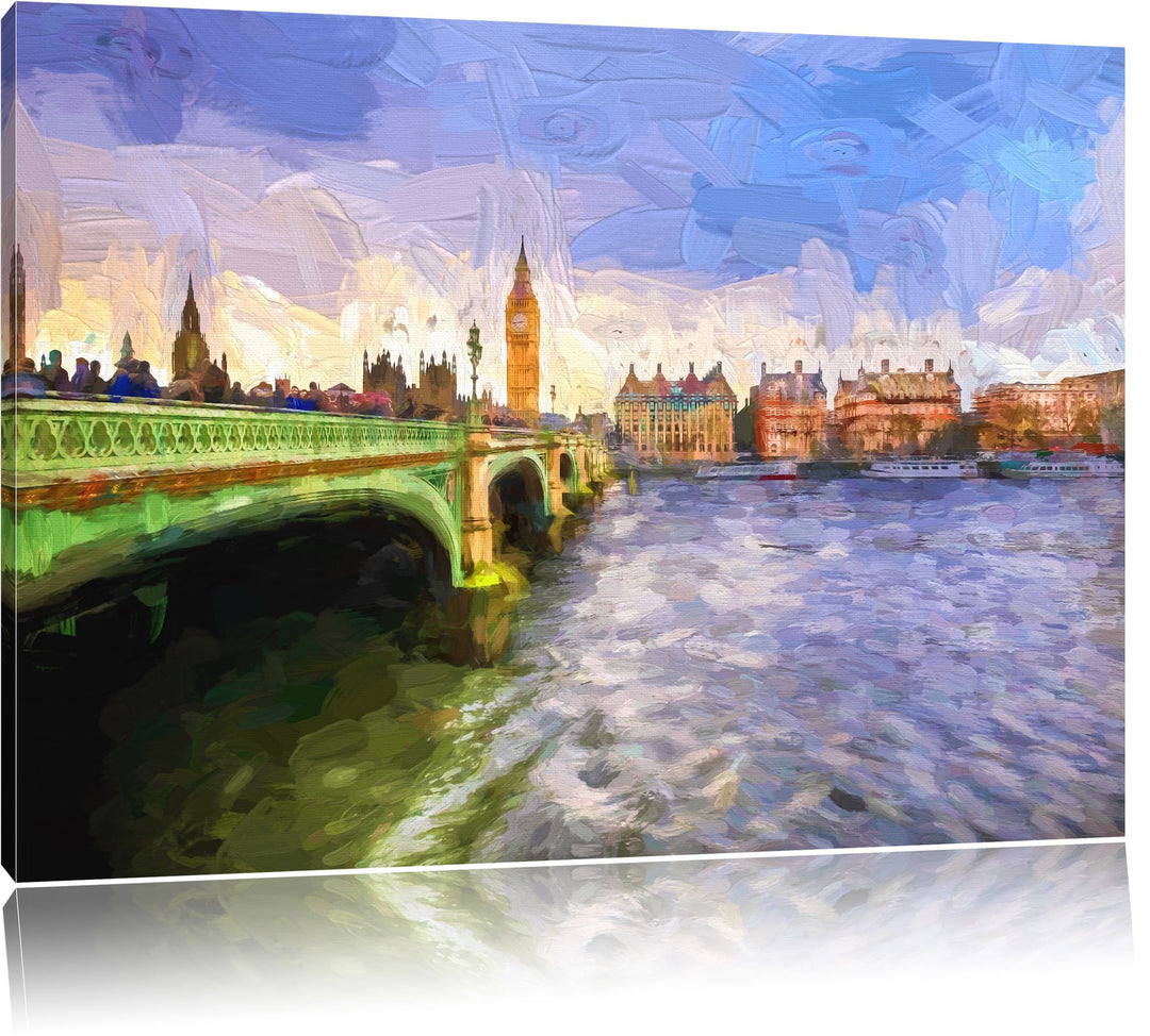 Pixxprint Big Ben mit Brücke in London Pinsel Effekt, Format: 100x70 auf Leinwand, XXL riesige Bilde