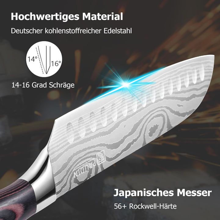 PAUDIN Santokumesser, Klingenlänge17cm Kochmesser aus deutschem Messerstahl, Sushi Messer Küchenmess
