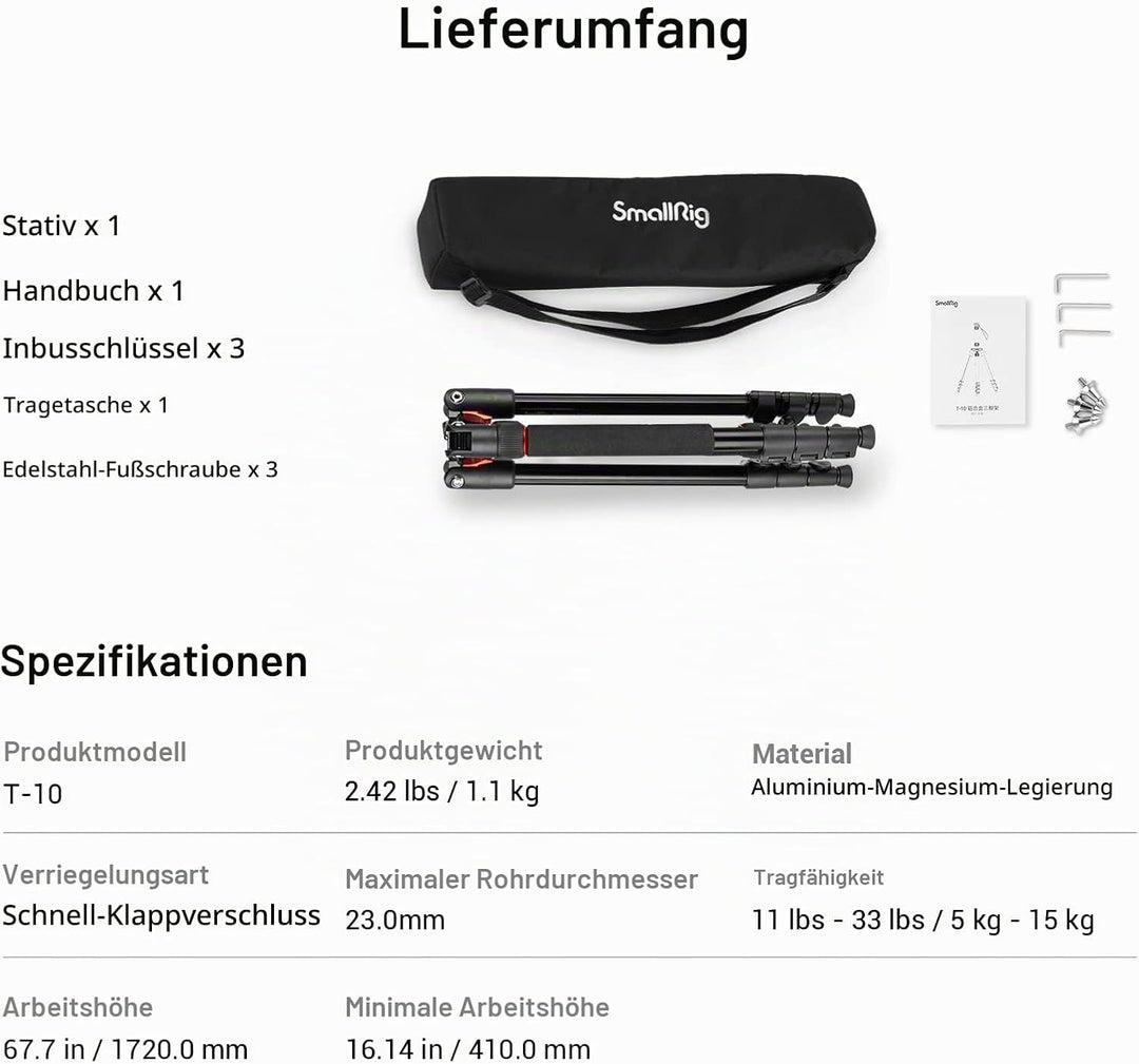 SmallRig 68" Reisestativ mit 1/4"-20 Screw, Portable Aluminum Tripod Monopod für Reise und Freizeitf