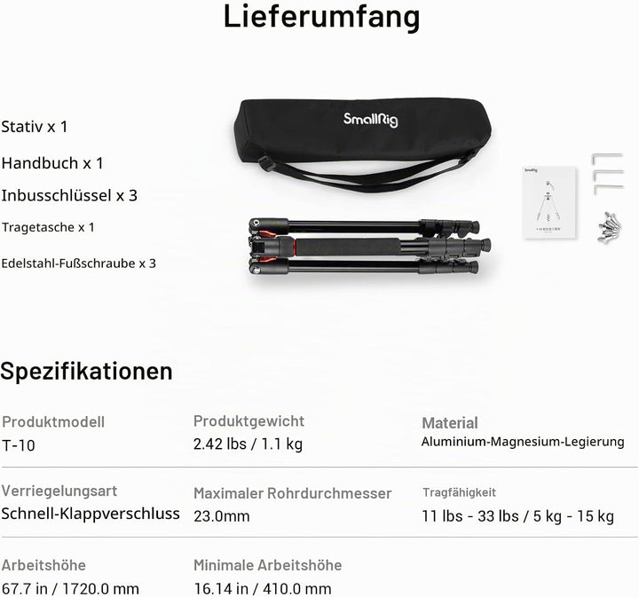 SmallRig 68" Reisestativ mit 1/4"-20 Screw, Portable Aluminum Tripod Monopod für Reise und Freizeitf