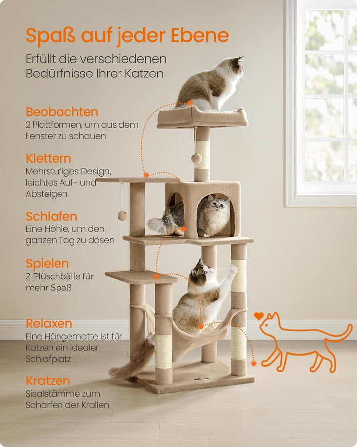 Feandrea Kratzbaum, 143 cm hoch, Katzenbaum, mehrstöckiges Katzenhaus, mit 4 Kratzsäulen, 2 Plattfor