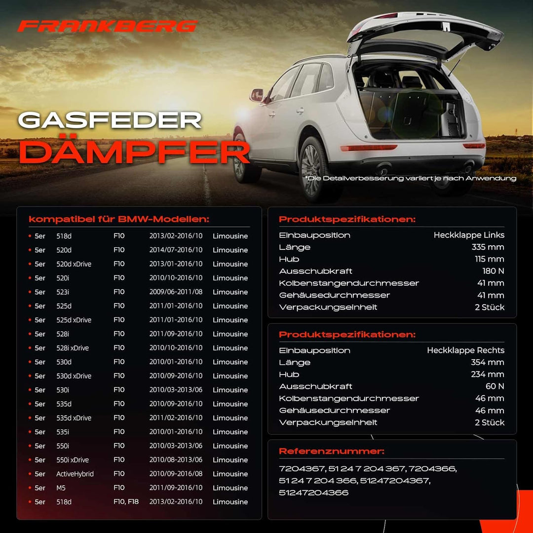 Frankberg 2x Gasfeder Dämpfer Heckklappe Kompatibel mit 5er F10 Limousine 2009-2016 5er F10 F18 Limo