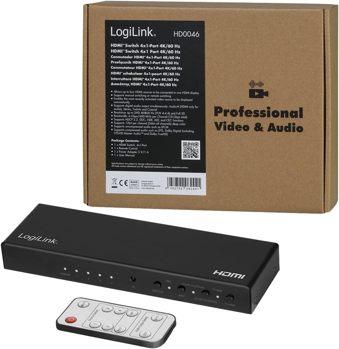 LogiLink HD0046 - HDMI-Switch 4-Port, 4 Eingänge/1 Ausgang (4X Video auf 1x TV), 4K/60 Hz, Audio-Ext