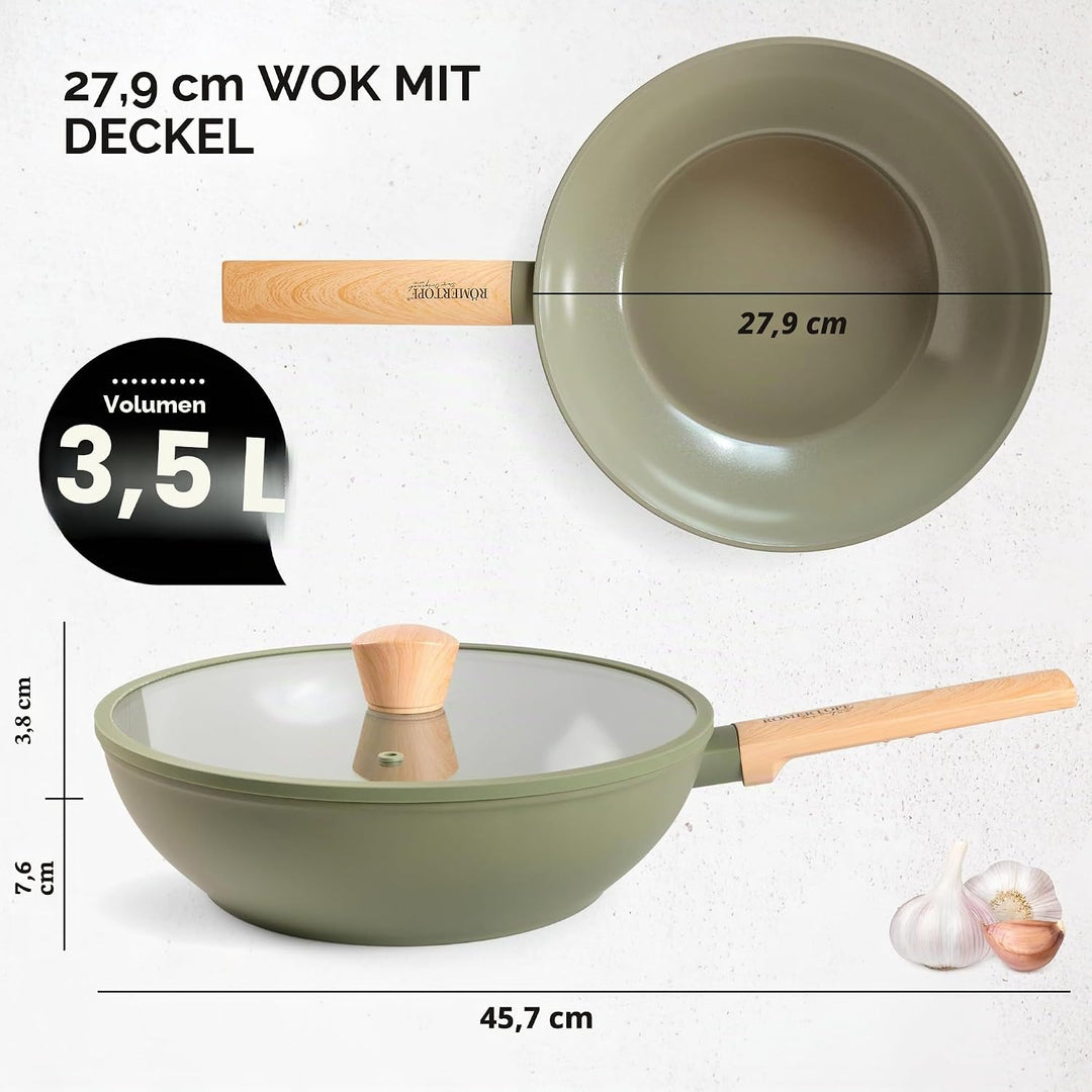Romertopf Wok 28 cm mit Glasdeckel, 3,52 l Fassungsvermögen, Aluminium mit Keramik Antihaftbeschicht