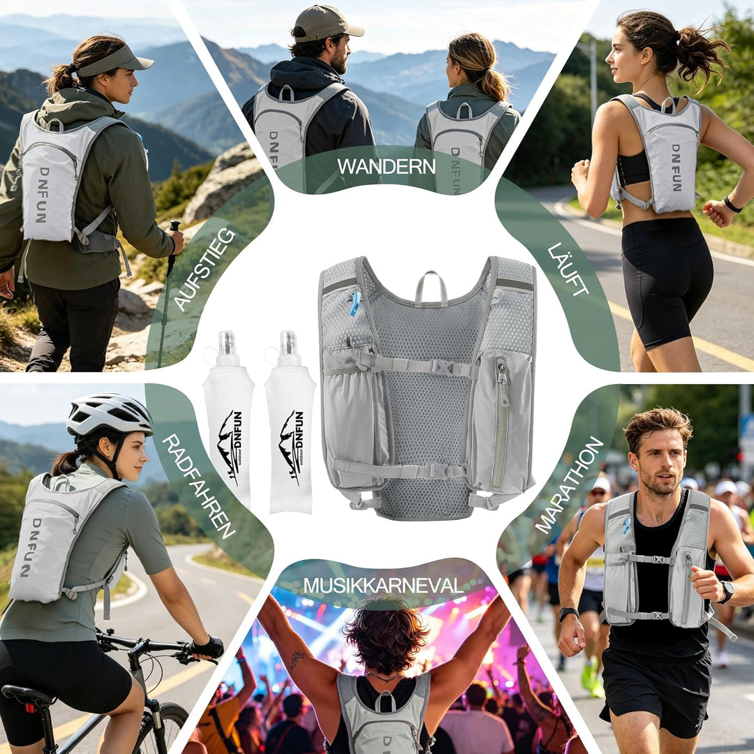 DNFUN Laufweste Damen Herren,verstellbare Trinkweste mit 1.5L Trinkflasche,5L Running Vest Trinkruck