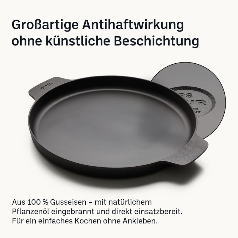 STUR - ORIGINAL Gusseisenpfanne flach 30 cm mit 2 Griffen für Crêpes, Pfannkuchen etc. - Planchapfan