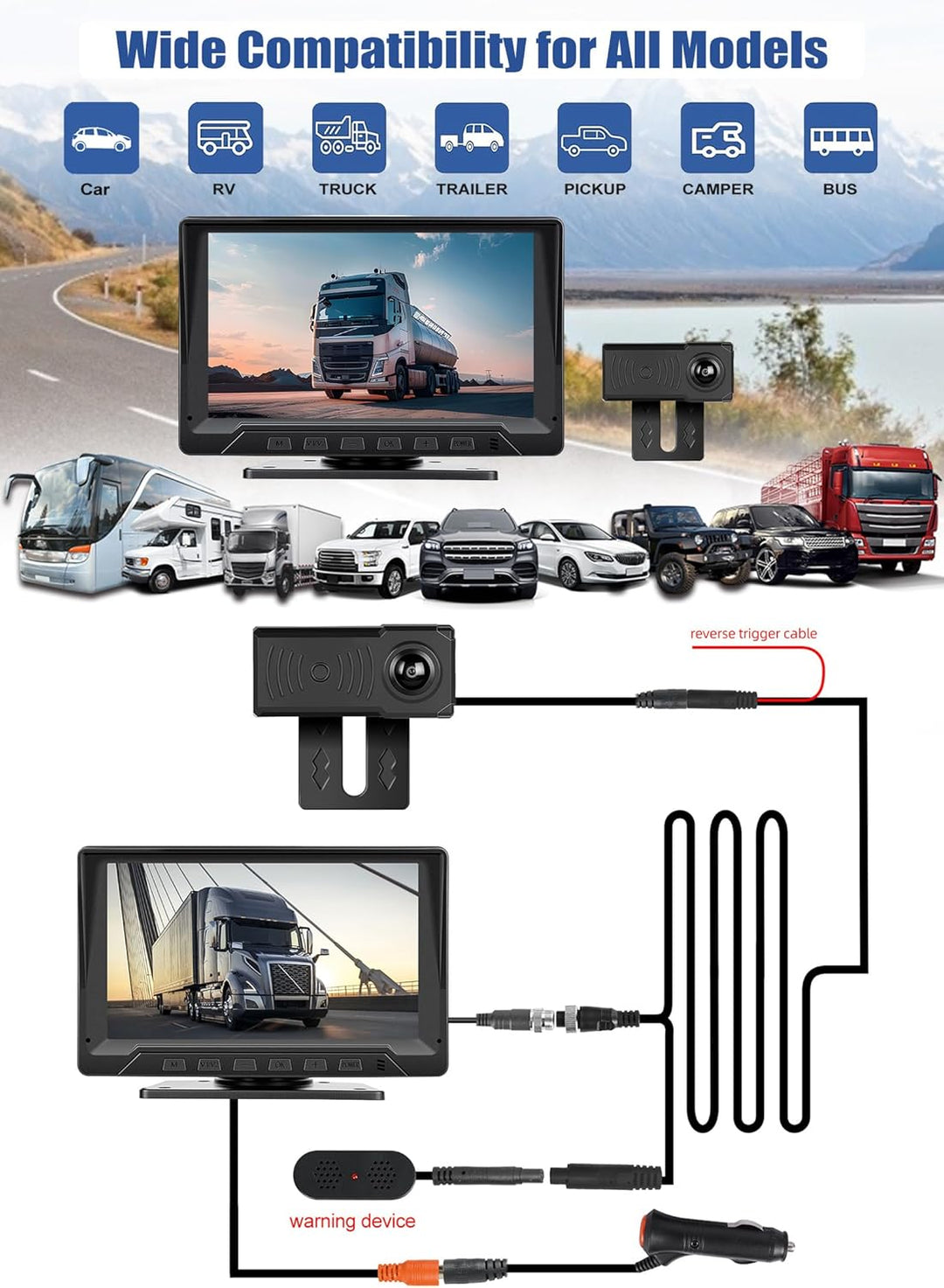 CAMECHO Radar Rückfahrkamera mit 7 Zoll Monitor 12V, IP68 wasserdichte Nachtsicht Weitwinkel Auto Ka