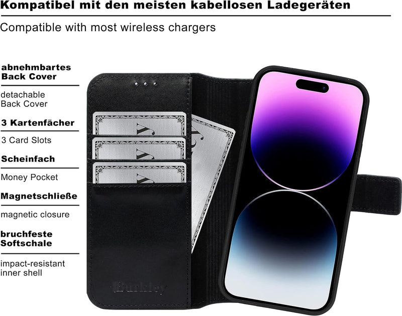 Burkley 2in1 Leder Handytasche für iPhone 12 / iPhone 12 Pro Handyhülle mit herausnehmbarem Back Cov