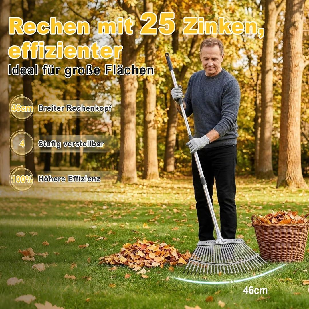 ARTIPOLY Garten laubrechen, Laubrechen mit 25 Metallzinken, 46cm breiter Hochleistungs Rechen, 158 c