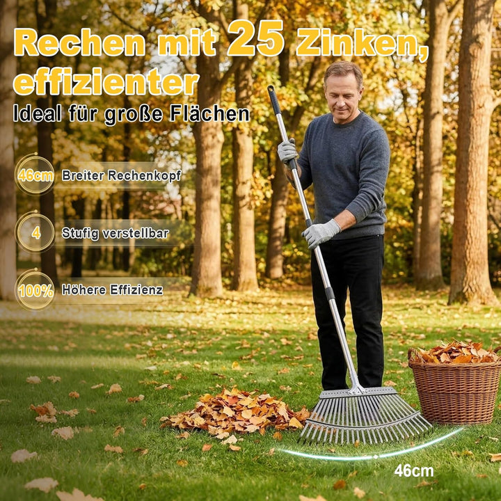 ARTIPOLY Garten laubrechen, Laubrechen mit 25 Metallzinken, 46cm breiter Hochleistungs Rechen, 158 c