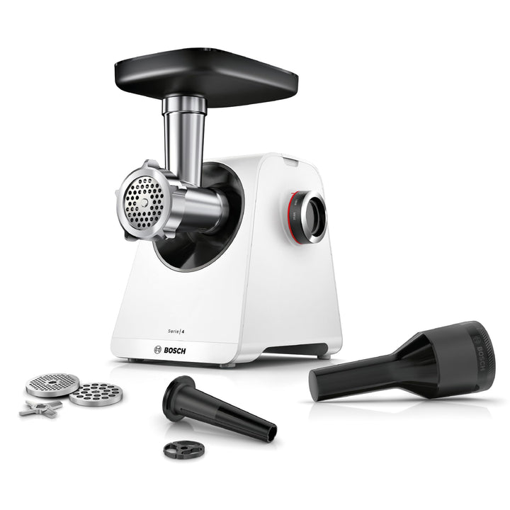 Bosch Fleischwolf Serie 4 MFWS420W, kompakt, 2 Stufen, 2 Lochscheiben (3 & 8mm), Wurststopfer, 10 J