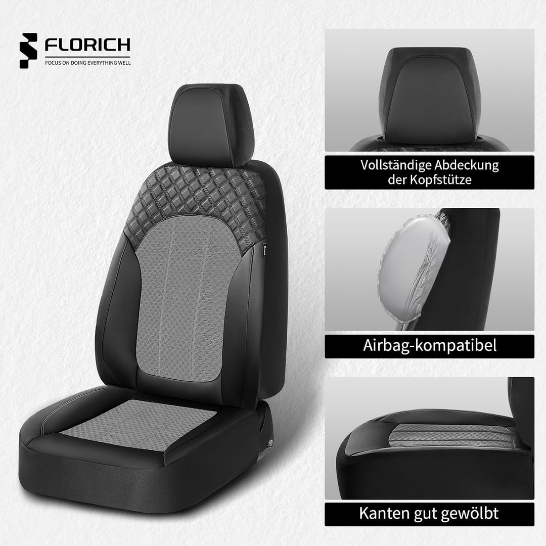 FLORICH Autositzbezüge Komplettset Vordersitzbezüge, PU Leder Air-Mesh Sitzbezüge Atmungsaktiver Sit