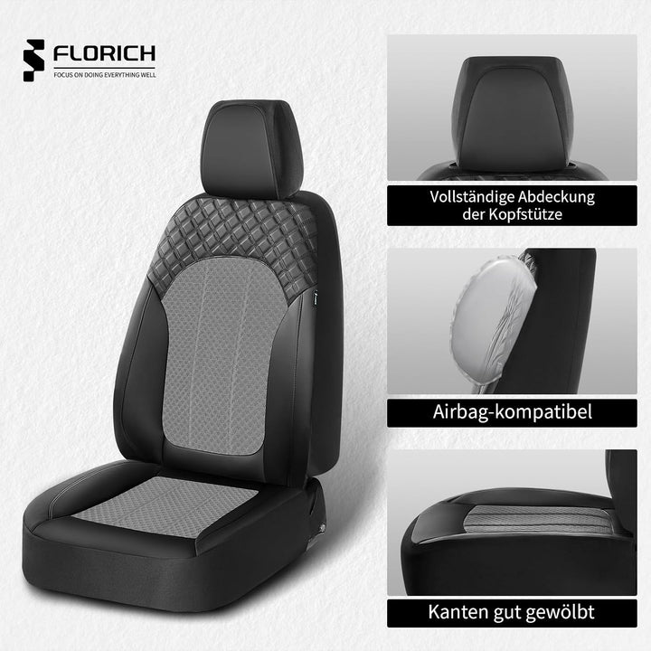 FLORICH Autositzbezüge Komplettset Vordersitzbezüge, PU Leder Air-Mesh Sitzbezüge Atmungsaktiver Sit