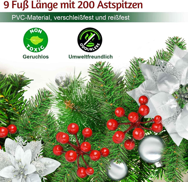 Timiyou Weihnachtsgirlande, 270cm Tannengirlande mit Blumen und Rote Beere, Weihnachtsdeko Innen Aus