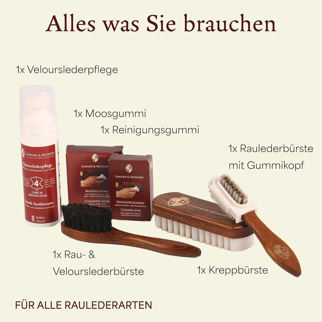 Langer & Messmer Schuhpflegeset für Rauleder - Schuhputzset mit Schuhbürsten zur Nubukleder Pflege u