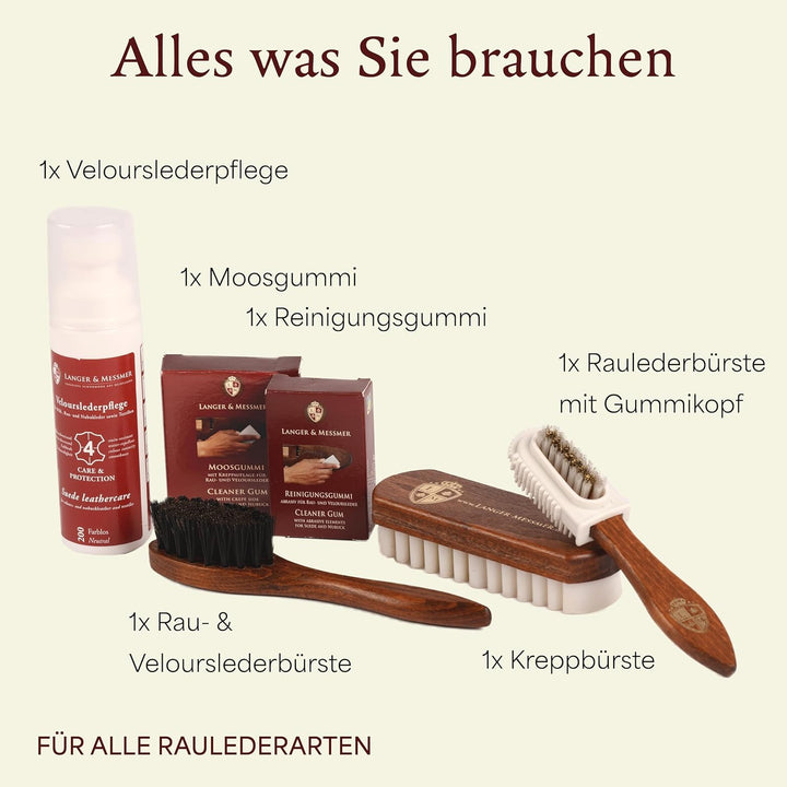 Langer & Messmer Schuhpflegeset für Rauleder - Schuhputzset mit Schuhbürsten zur Nubukleder Pflege u