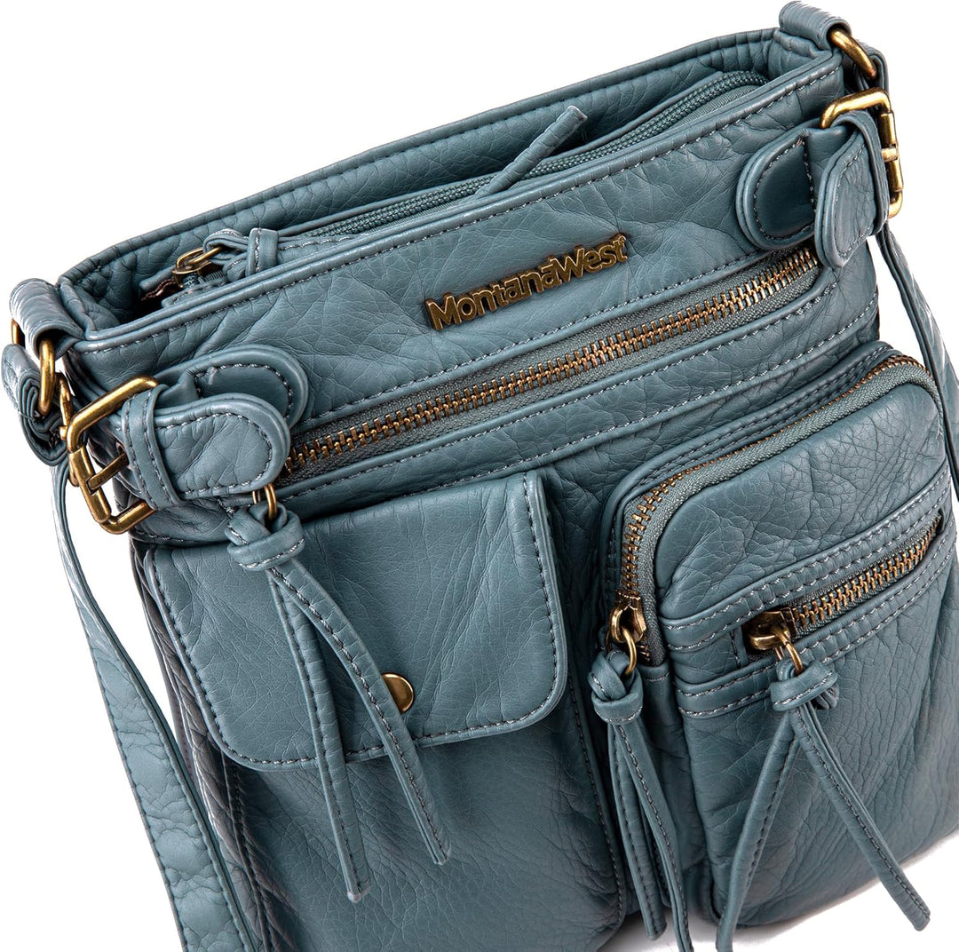Montana West Damen Echtes Leder Tragetasche, Klassisch-blaue Jeans