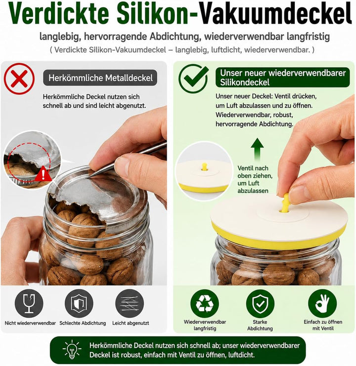 Vakuumierer für Gläser und Beutel, Elektrischer Vakuumierer mit 10 65-100 mm Silikondeckel + 8 wiede