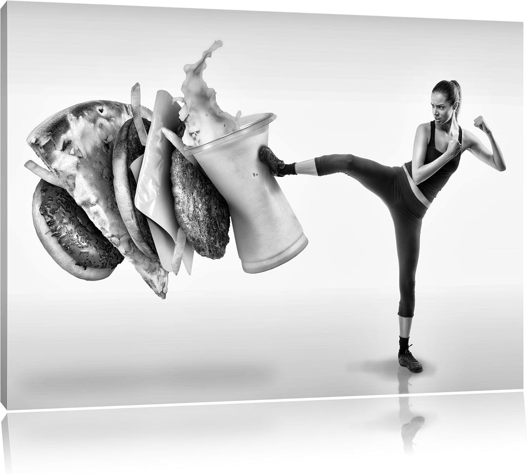 Pixxprint Starke Frau kickt gegen Fastfood / 100x70cm Leinwandbild bespannt auf Holzrahmen/Wandbild