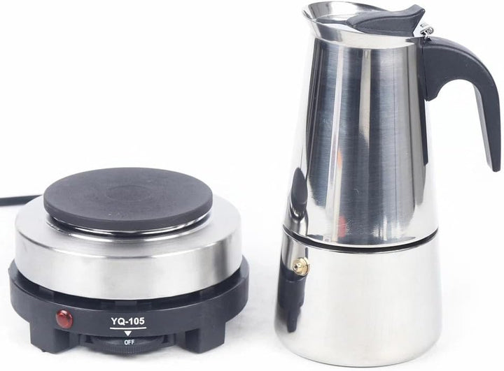 200ml/300ml Edelstahl Kaffeekocher Set, tragbarer Espressokocher mit Heizbasis, geeignet für Küche,