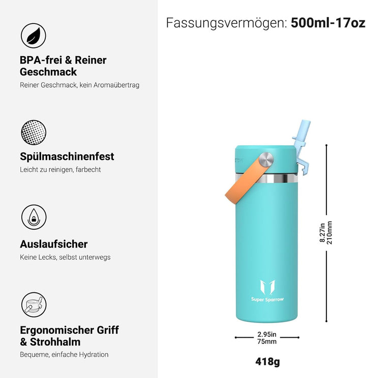 Sparrow Trinkflasche Edelstahl 500ml - Weiter Öffnung SwivelSip Thermosflasche mit Strohhalm - BPA-f