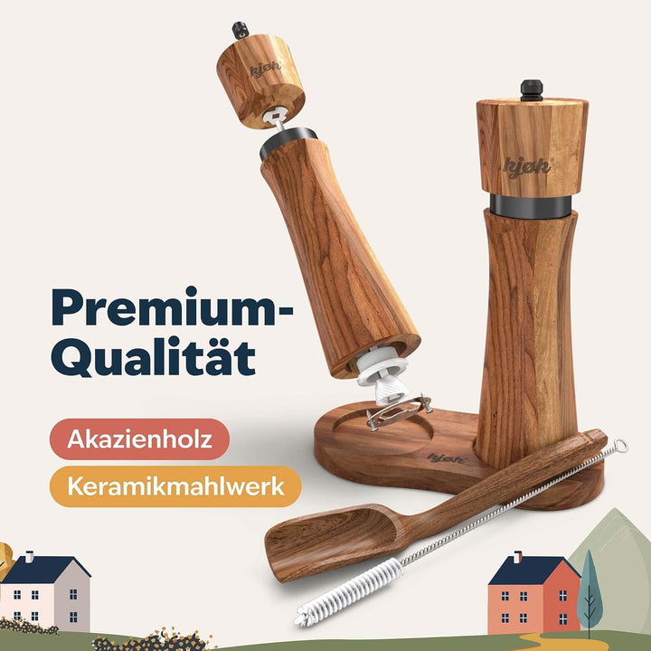 kjøk Premium Salz und Pfeffer Mühle massives Akazienholz mit Untersetzer, Reinigungsbürste und Einfü