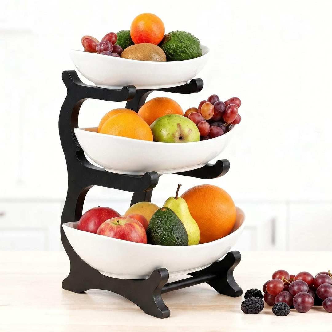 Obstetagere 3 Etagen aus Keramik | Moderner Obstkorb mit schwarzem Holzrahmen, Ø 30 cm Basis | Stilv