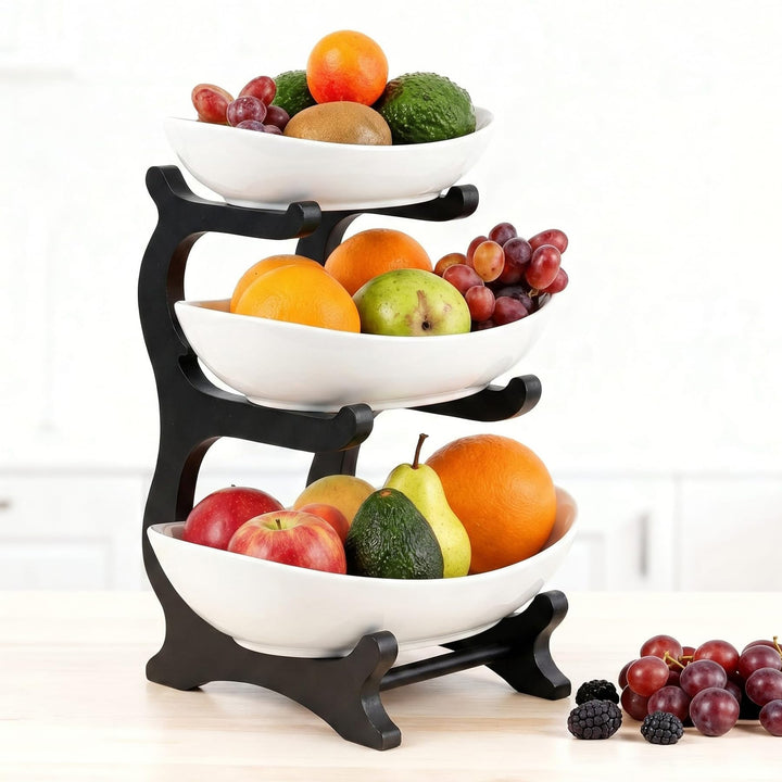 Obstetagere 3 Etagen aus Keramik | Moderner Obstkorb mit schwarzem Holzrahmen, Ø 30 cm Basis | Stilv