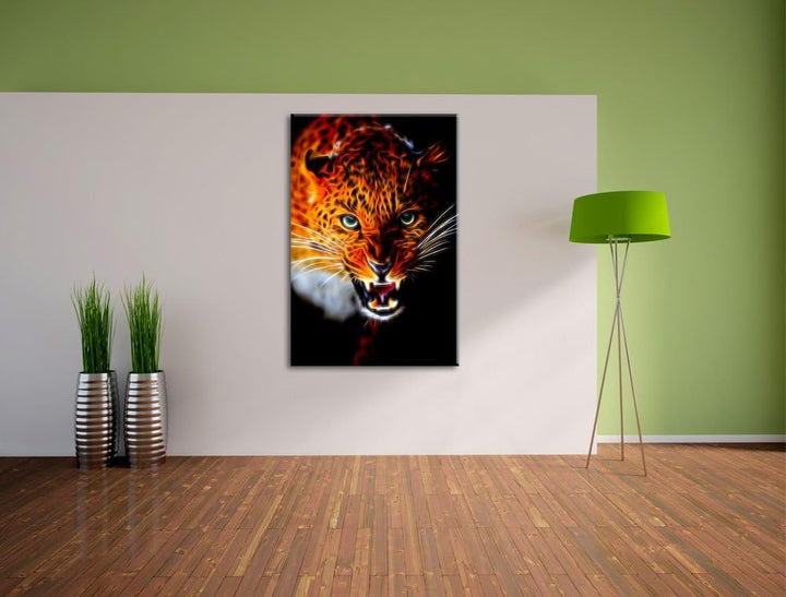 Dark Fauchender Leopard Deluxe Format: 100x70 cm auf Leinwand, XXL riesige Bilder fertig gerahmt mit