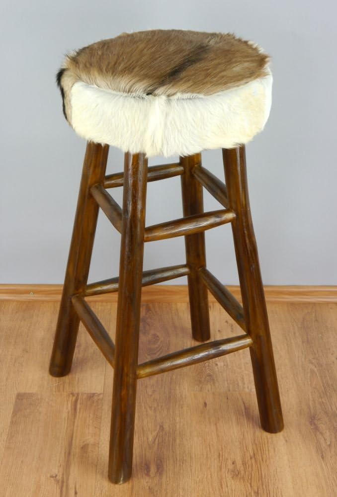 livasia Ziegenfell Barhocker mit Teakholz, Barhocker aus Java, Thekenhocker, Fellbarhocker (Ziegenfe