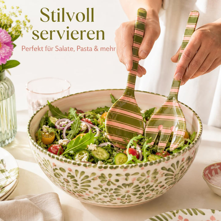 RICE Salatbesteck Melamin 2-teilig, 29 cm, grün rosa Streifen | Salatlöffel &amp; Salatgabel, BPA-frei,