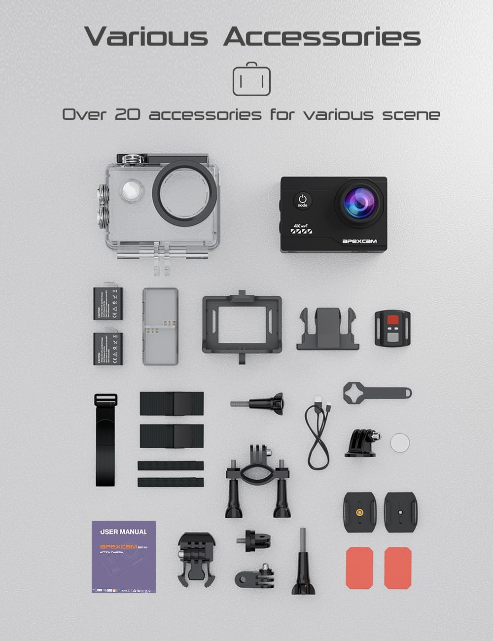 Apexcam 4K Action Cam 20MP mit 64GB Speicherkarte WiFi Sports Kamera Ultra HD Unterwasserkamera 40m