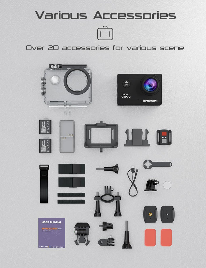 Apexcam 4K Action Cam 20MP mit 64GB Speicherkarte WiFi Sports Kamera Ultra HD Unterwasserkamera 40m